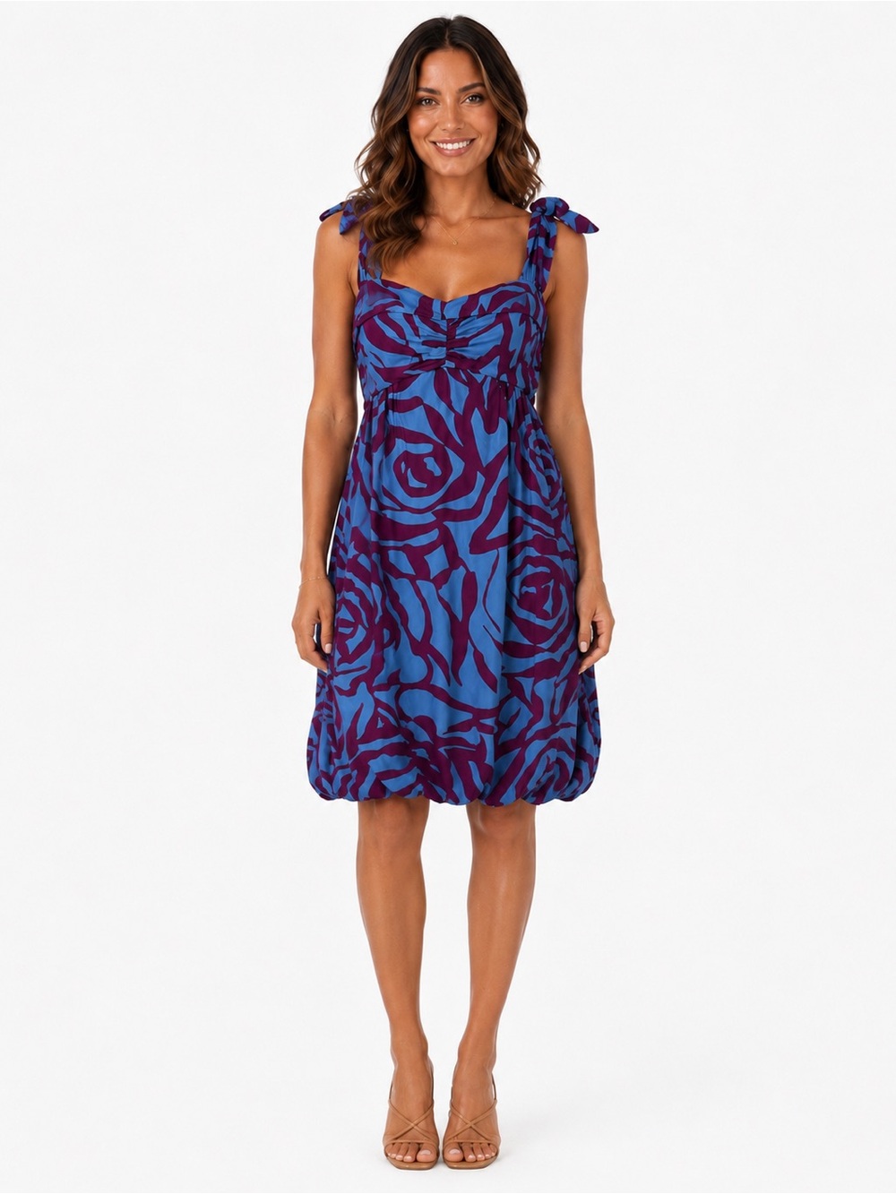 Marc Jacobs 100% Silk Bubble Hem Dress Blue Purple Rose Print Tie Strap Size 4